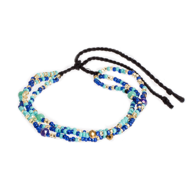 Glass and crystal beaded bracelet, 'Island Waves' - Handmade Guatemalan Tropical Blue Crystal Beaded Bracelet
