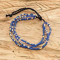 Glass and crystal beaded bracelet, 'United Skies' - Guatemalan Artisan Crafted Beaded Bracelet in Blue Glass