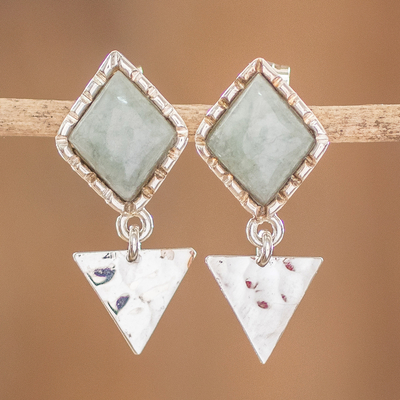 Jade dangle earrings, 'Princess Green Diamond Too' - Sterling Silver and Green Jade Dangle Earrings