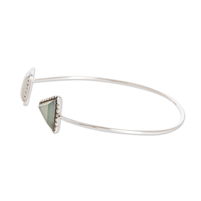 Jade cuff bracelet, 'Geometric Shapes in Green' - Geometric Themed Sterling Silver and Jade Cuff Bracelet