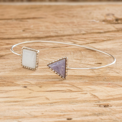Jade cuff bracelet, 'Geometric Shapes in Lilac' - Geometric-themed Sterling Silver and Jade Cuff Bracelet