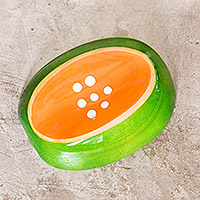 Wood magnet, 'Cantaloupe' - Hand-painted Cypress Wood Cantaloupe-Themed Kitchen Magnet