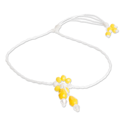 Beaded cord anklet, 'Dangle Blossoms' - Yellow Beaded Cord Anklet Handcrafted in Guatemala