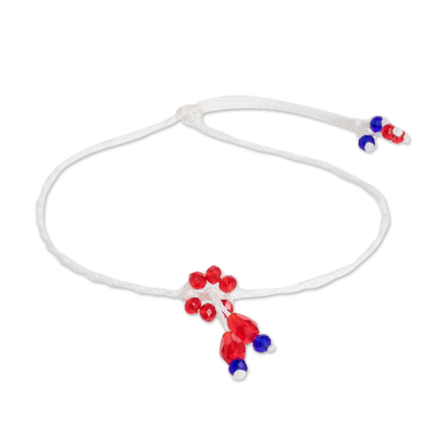 Beaded cord anklet, 'Red Dangle Blossoms' - Red and Blue Beaded Cord Anklet Handcrafted in Guatemala