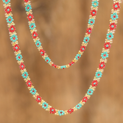 Beaded necklaces, 'Flowers in the Spring' (pair) - Pair of Flower-themed Glass Beaded Necklaces from Guatemala