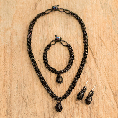 Beaded jewellery set, 'Finesse in Black' - Beaded Pendant Necklace Earrings and Bracelet jewellery Set