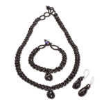 Beaded jewelry set, 'Finesse in Black' - Beaded Pendant Necklace Earrings and Bracelet Jewelry Set