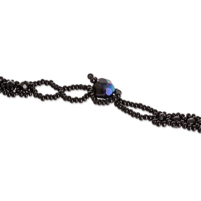 Beaded jewelry set, 'Finesse in Black' - Beaded Pendant Necklace Earrings and Bracelet Jewelry Set