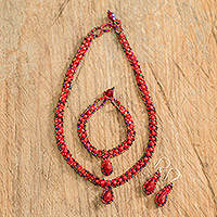 Beaded jewelry set, 'Finesse in Red' - Beaded Pendant Necklace Earrings and Bracelet Jewelry Set