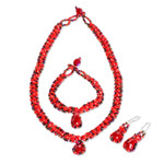 Beaded jewelry set, 'Finesse in Red' - Beaded Pendant Necklace Earrings and Bracelet Jewelry Set