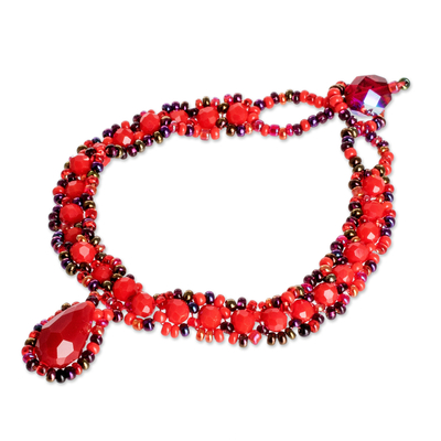 Beaded jewelry set, 'Finesse in Red' - Beaded Pendant Necklace Earrings and Bracelet Jewelry Set