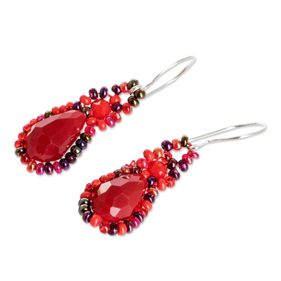 Conjunto de joyas con cuentas, 'Finesse in Red' - Conjunto de joyas con collar, pendientes y pulsera con cuentas