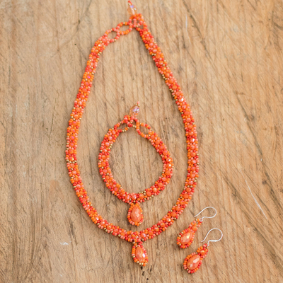 Beaded jewellery set, 'Finesse in Orange' - Beaded Pendant Necklace Earrings and Bracelet jewellery Set