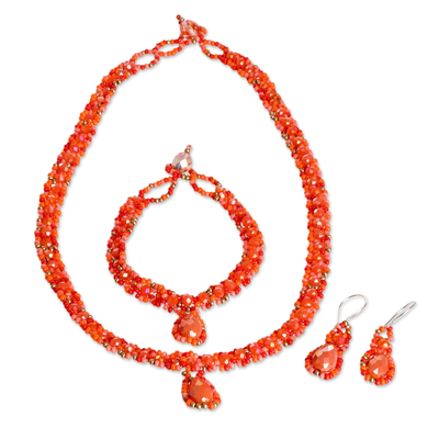 Beaded jewelry set, 'Finesse in Orange' - Beaded Pendant Necklace Earrings and Bracelet Jewelry Set