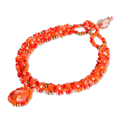 Beaded jewellery set, 'Finesse in Orange' - Beaded Pendant Necklace Earrings and Bracelet jewellery Set