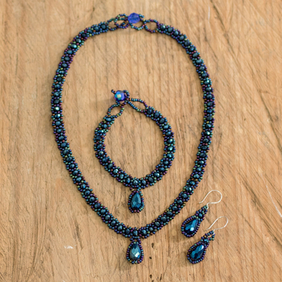 Conjunto de joyas con cuentas, 'Finesse in Blue' - Conjunto de joyas con collar, pendientes y pulsera con cuentas