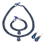 Beaded jewelry set, 'Finesse in Blue' - Beaded Pendant Necklace Earrings and Bracelet Jewelry Set