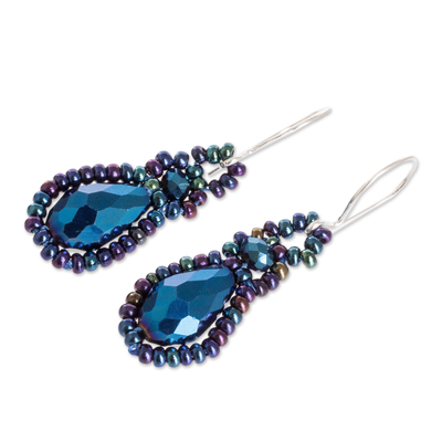 Perlenschmuck-Set, 'Finesse in Blau' - Perlenanhänger, Halskette, Ohrringe und Armband, Schmuckset