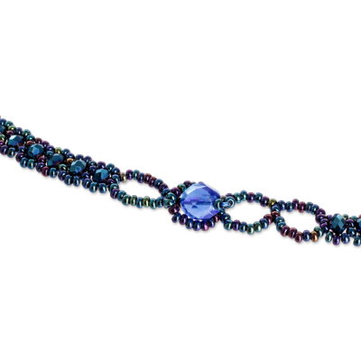 Beaded jewelry set, 'Finesse in Blue' - Beaded Pendant Necklace Earrings and Bracelet Jewelry Set