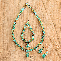 Beaded jewelry set, 'Finesse in Aqua' - Beaded Pendant Necklace Earrings and Bracelet Jewelry Set