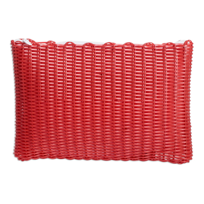 Handwoven toiletry bag, 'Travel in Red' - Recycled Vinyl Cord Red Toiletry Bag Handwoven in Guatemala