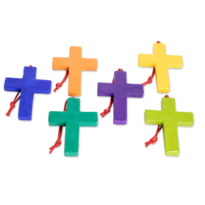 Adornos de cerámica (juego de 6) - 6 adornos navideños de cruz cristiana de cerámica hechos a mano