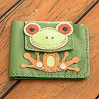 Cartera de piel, 'Happy Frog' - Cartera verde 100 % piel con diseño de rana y forro 100 % ante