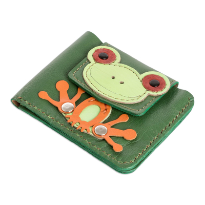 100% Leather Frog-themed Green Wallet with 100% Suede Lining
