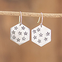 Sterling silver dangle earrings, 'Hexagon of Stars' - Star and Geometric Themed Sterling Silver Dangle Earrings