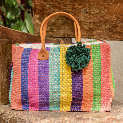Natural fiber tote bag, 'colourful Stripes' - Multicoloured Natural Fiber Tote Bag with Leather Handles