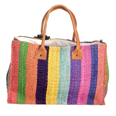 Natural fiber tote bag, 'colourful Stripes' - Multicoloured Natural Fiber Tote Bag with Leather Handles