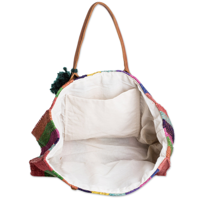 Natural fiber tote bag, 'Colorful Stripes' - Multicolored Natural Fiber Tote Bag with Leather Handles