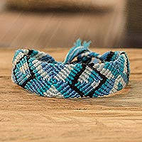 Macrame wristband bracelet, 'Sea Awe' - Blue Geometric Friendship Bracelet Braided in Guatemala