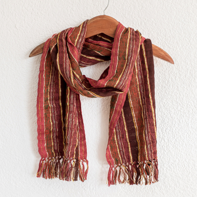 Schal aus Baumwollmischung - Handgewebter Schal aus Baumwollmischung mit braunen und roten Streifen