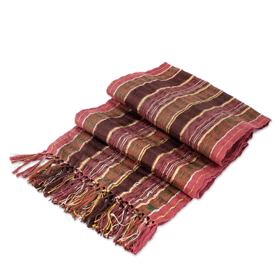 Schal aus Baumwollmischung - Handgewebter Schal aus Baumwollmischung mit braunen und roten Streifen
