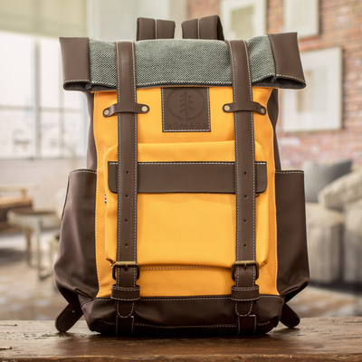 Leather-accented backpack, 'Marigold Adventure' - Leather-Accented Backpack in Marigold