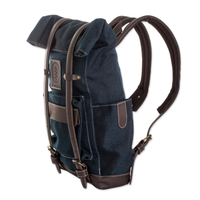 Leather-accented backpack, 'Azure Journey' - Handcrafted Azure Acrylic Leather-Accented Backpack