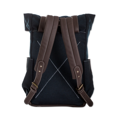Leather-accented backpack, 'Azure Journey' - Handcrafted Azure Acrylic Leather-Accented Backpack