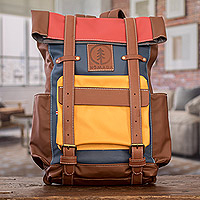 Leather-accented backpack, 'Colorful  Adventure' - Leather-Accented Colorful Backpack