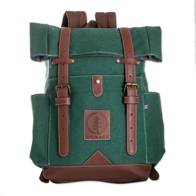 Leather-accented backpack, 'Viridian Journey' - Handcrafted Viridian Acrylic Leather-Accented Backpack