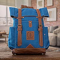 Rucksack mit Lederakzent, „Blue Journey“ – Handgefertigter Rucksack mit Lederakzent aus blauem Acryl