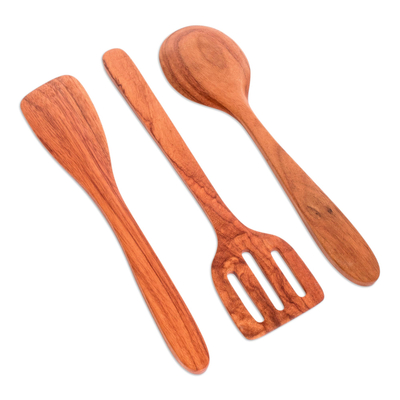 Wood serving utensils, 'Cooking with Joy' (set of 3) - Set of 3 Wood Serving Utensils Hand-crafted in Guatemala