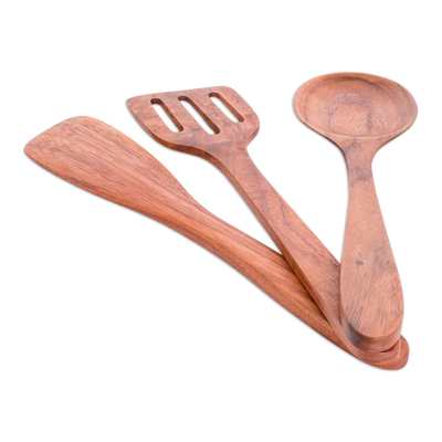 Wood serving utensils, 'Cooking with Joy' (set of 3) - Set of 3 Wood Serving Utensils Hand-crafted in Guatemala