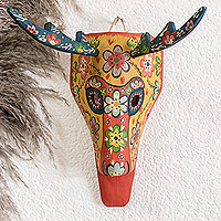 Wood mask, 'Yellow Floral Deer' - Floral Wood Deer Mask in Yellow from Guatemala