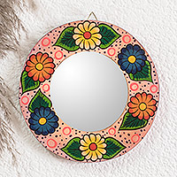 Wood wall mirror, 'Joyful Bouquet' - Round Floral Wood Wall Mirror Crafted in Guatemala