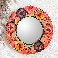 Wood wall mirror, 'Sweet Bouquet' - Round Floral Wood Wall Mirror from Guatemala