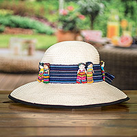 Cotton hat band, 'Problem-Free' - Hand Stitched Hat Band from Guatemala with Worry Dolls