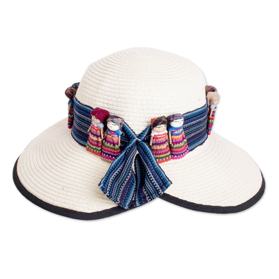 Cotton hat band, 'Trouble-Free' - Artisan Crafted Worry Dolls Hat Band from Guatemala in Blue