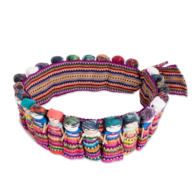 Cotton hat band, 'Little Companions' - Handmade Guatemalan Hat Band with Multicolor Worry Dolls