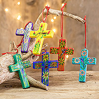 Ceramic ornaments, 'Floral Crosses' (set of 6) - Handmade Ceramic Cross Christmas Ornaments Set of 6